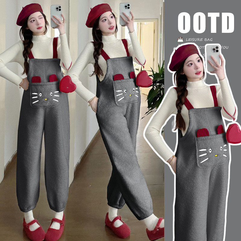 임산부복 가을 2025 신상 벨벳 두꺼워진 양모 오버올 가을 겨울 정장 고급 투피스 정장