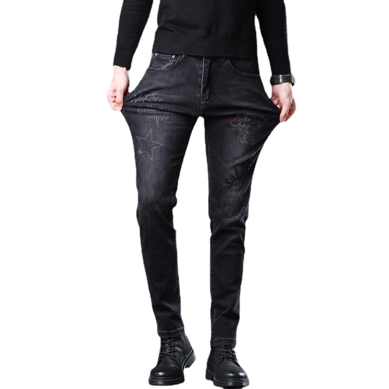 Jeans noirs pour hommes, marque de mode brodée, nouveaux pantalons à pieds slim, pantalons décontractés Joker pour hommes, 2022_voghion.com