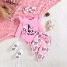 跨境婴幼儿套装字母印花长袖哈衣爱心印花长裤蝴蝶结配头巾童套装