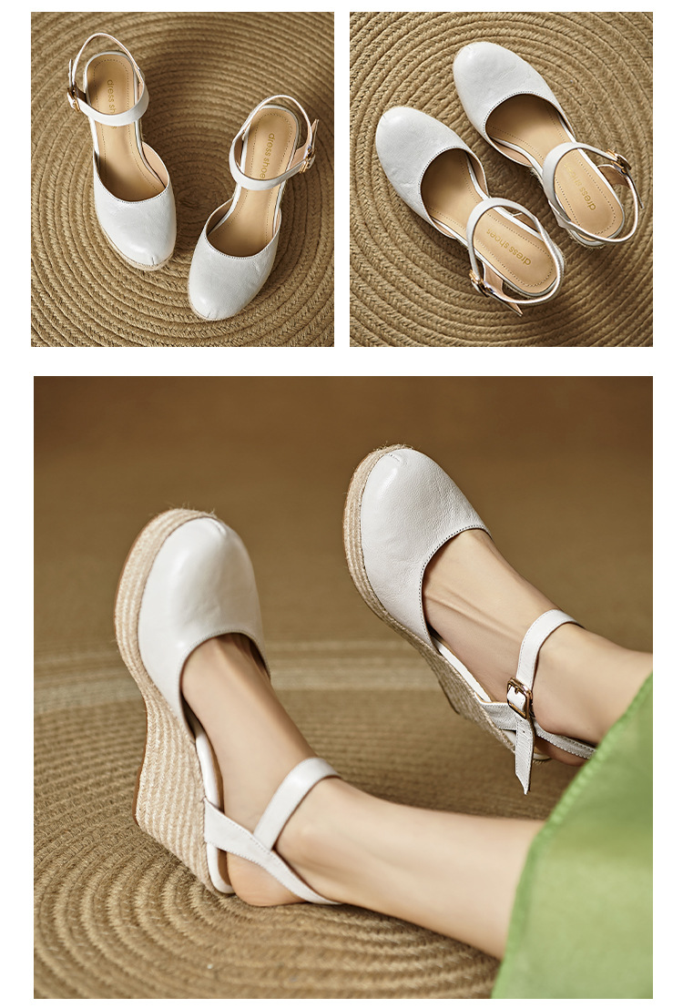 Sandal cao gót nữ quai ngang đế xuồng đan rơm, gót 9 cm — Rượu vang đỏ, màu trắng ngà chi tiết 9