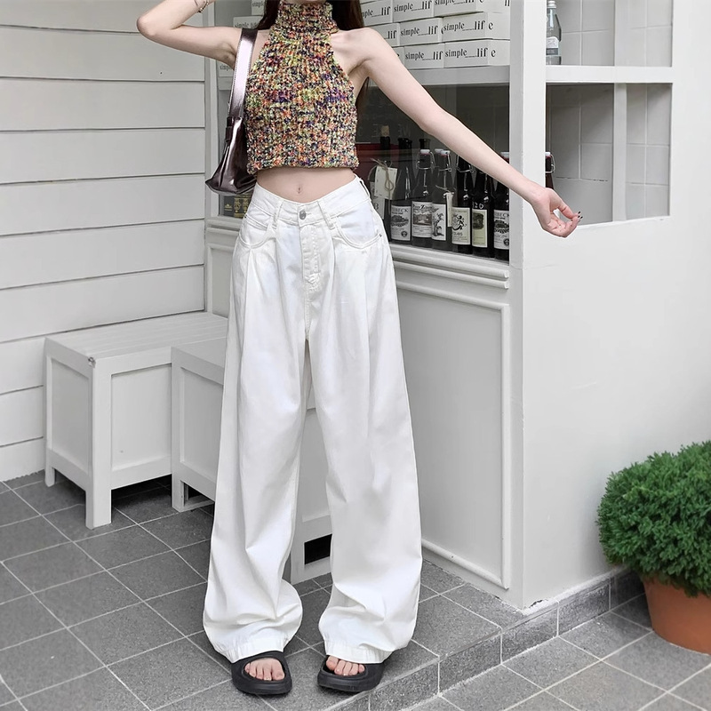 White Soft Denim Trousers Women's Autumn New Low Waist Loose Straight Leg Pants Dipped Wide Leg Casual Pants