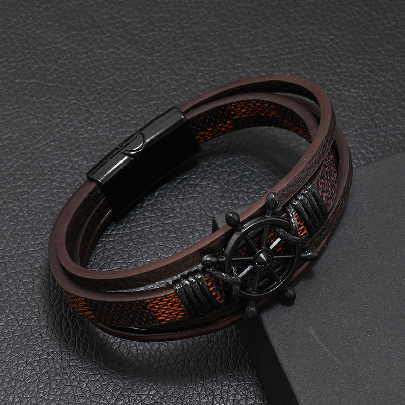 25g Weight Bangle Classification 1 Piece Quantity Daily, Street Occasion Pu Leather, Alloy Material Rudder Pattern Men's Gender Retro Style Retro Rudder Pu Leather Alloy Men's Bangle Men Cord & Leather Bracelets 7