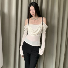 t恤女设计感小众皮肩带荡领长袖一字肩辣妹休闲百搭上衣2025秋装