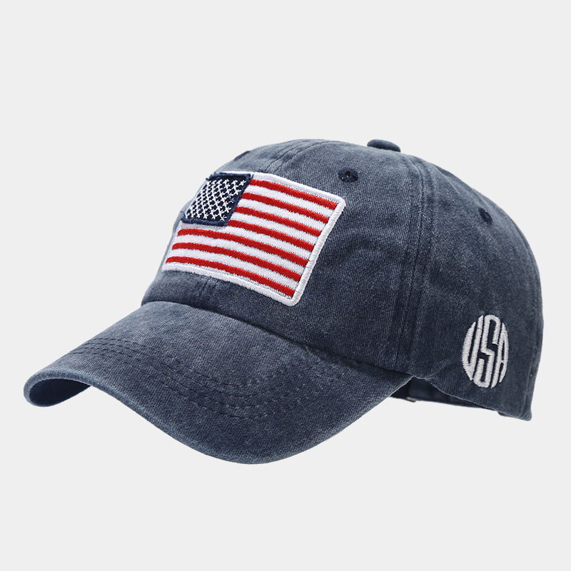 Amazon Venta caliente bandera americana lavada gorra de béisbol apenada hombres y mujeres europeos y americanos de moda al aire libre gorra de marea sombrero