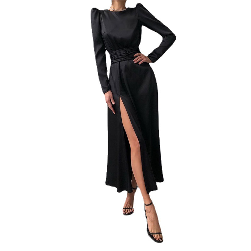 Comercio exterior europeo y americano Amazon AliExpress deseo Mujeres Nuevo satén manga larga vestido negro cuello redondo vestido de noche image 5