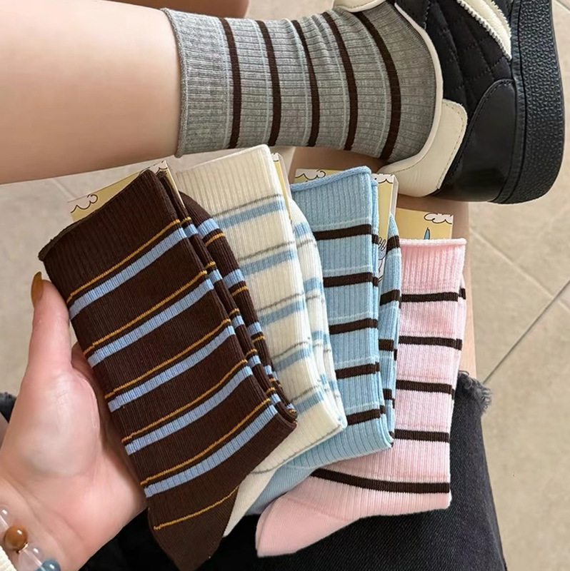 Zhuji women's spring and autumn mid-calf socks, cute striped ins trendy long stacked socks wholesale Zhuji women's spring and autumn mid-calf socks, cute striped ins trendy long stacked socks wholesale