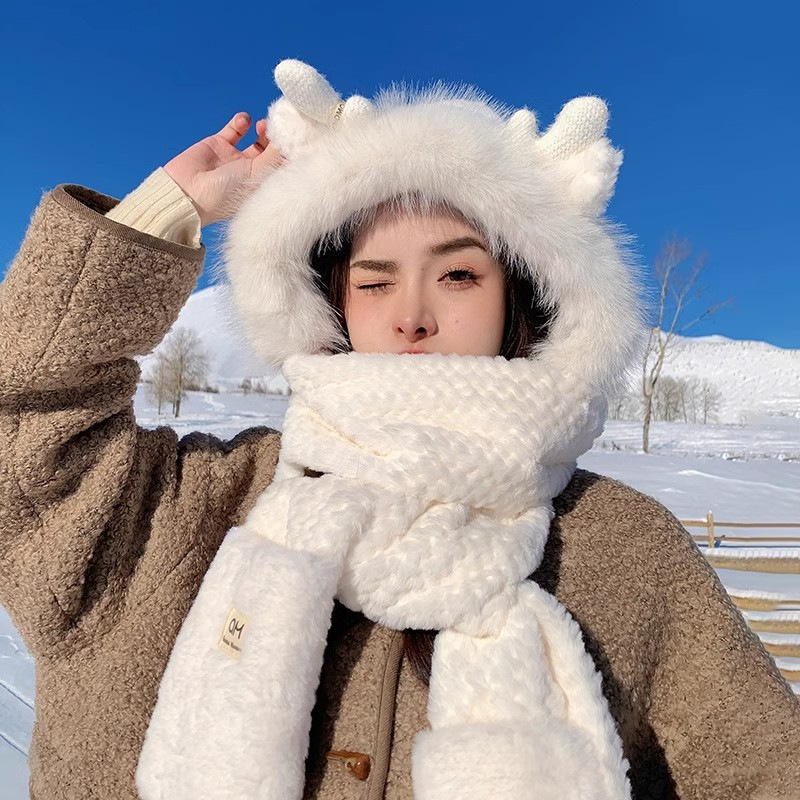 竜角の帽子のマフラーの手袋の3つのセットのかわいいぬいぐるみの厚い保温は帽子のマフラーの一体の組み合わせに顔を見せます。|undefined