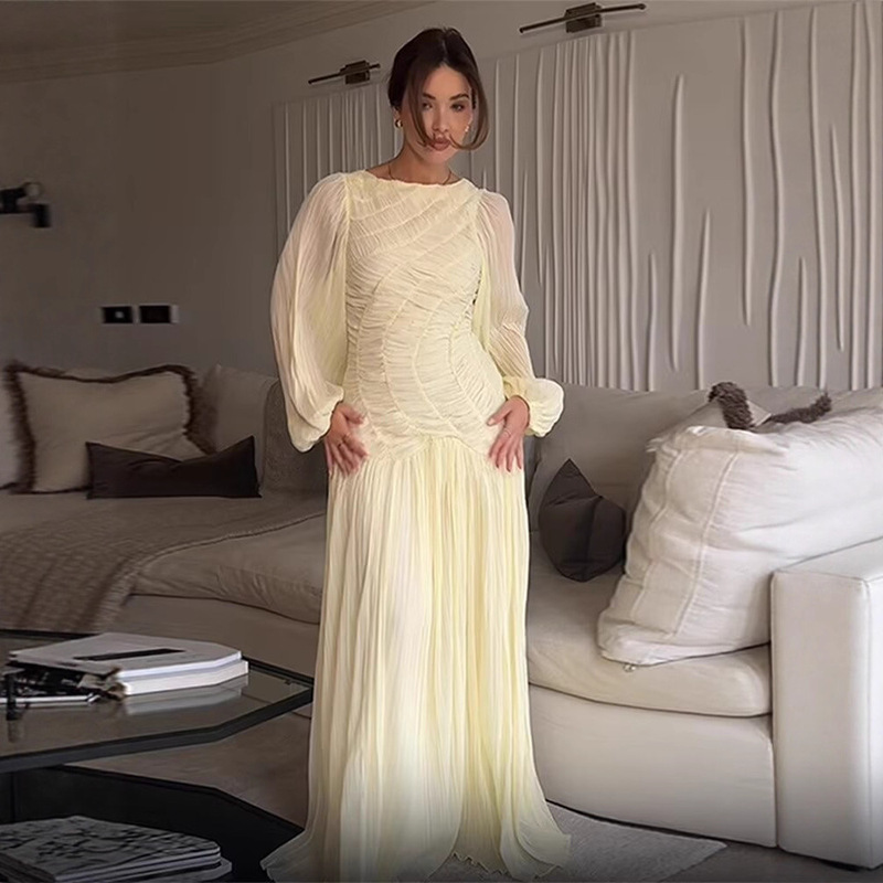 European and American Style Amazon Aliexpress Popular Fashion Trend Versatile Two-Color Celebrity Long-Sleeved Mesh Pleated Dress
