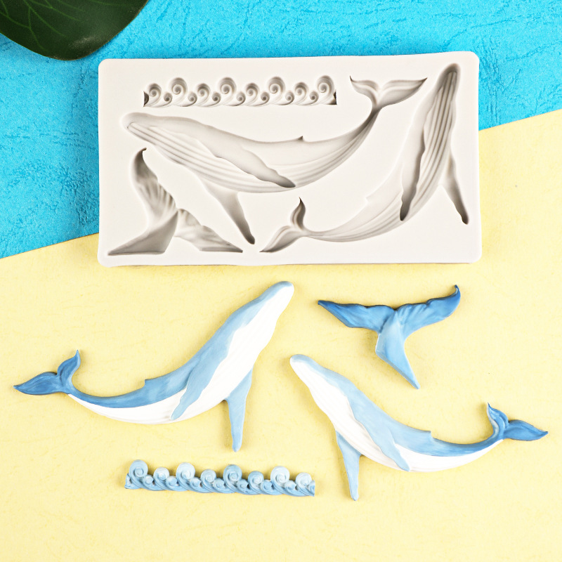 Ballena azul delfín onda molde de silicona decoración de encaje de pastel de chocolate para hornear molde de arcilla epoxi Decoración