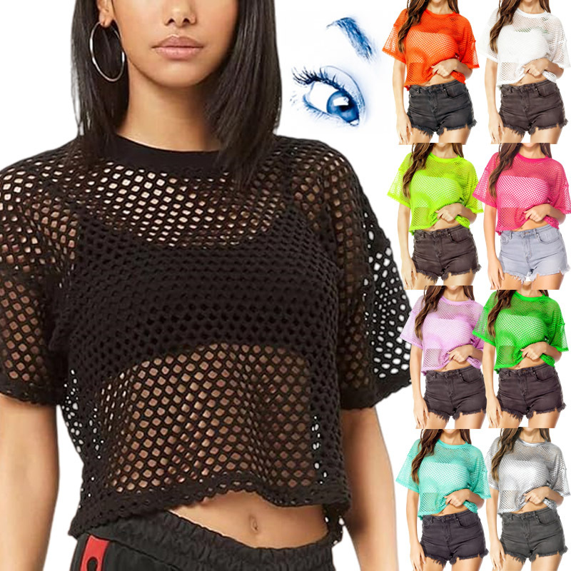 Cross-Border Women's Mesh T-Shirt Women's European and American Trendyy Sports Casual Tops Amazon Ebay Popular Mesh Cover