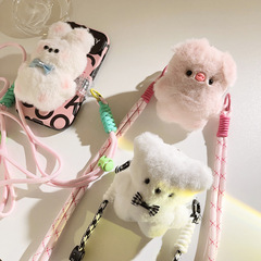 甜美ins可愛毛絨小豬蝴蝶結背夾斜跨鏈背帶式diy可調節通用手機殼