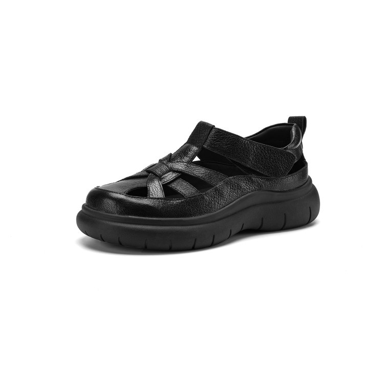 Sandal nữ đế dày da cừu phối quai ngang phong cách học đường — màu đen, màu trắng ngà chi tiết 88