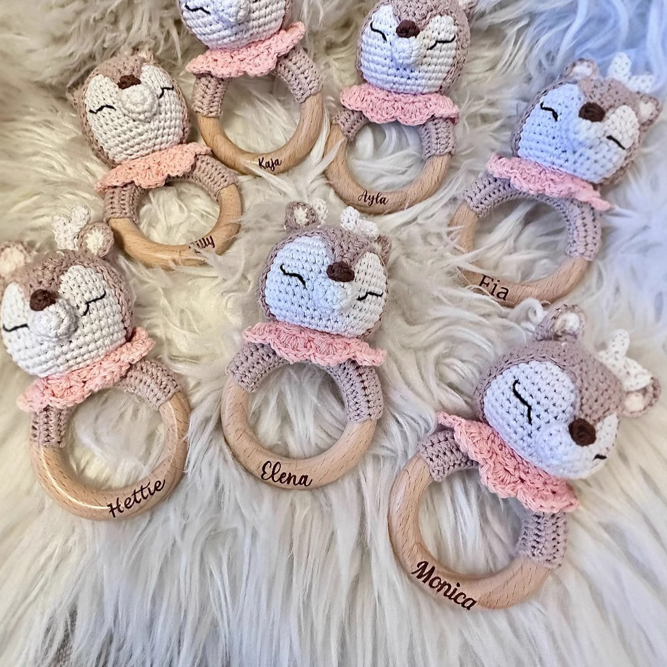 Sonajero de ganchillo, juego de regalo para baby shower, juguete de madera para recién nacido