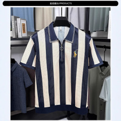 男性2025夏の襟付きネットシャツの透かし彫り半袖漁網服のファッション紳士服のストライプpoloシャツのヨーロッパコードの緑色