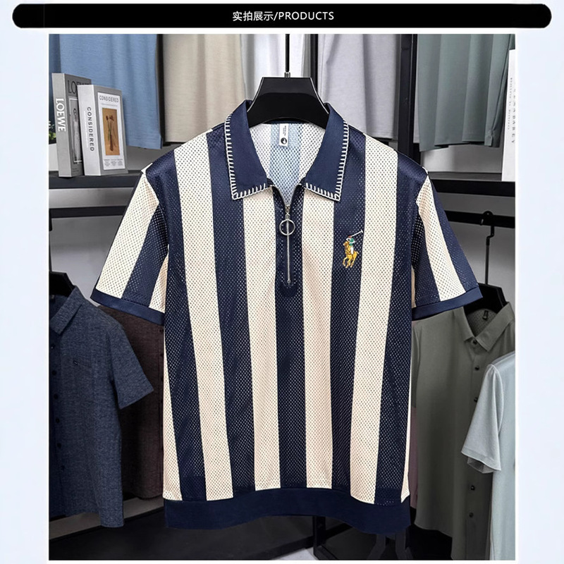 男性2025夏の襟付きネットシャツの透かし彫り半袖漁網服のファッション紳士服のストライプpoloシャツのヨーロッパコードの緑色|undefined