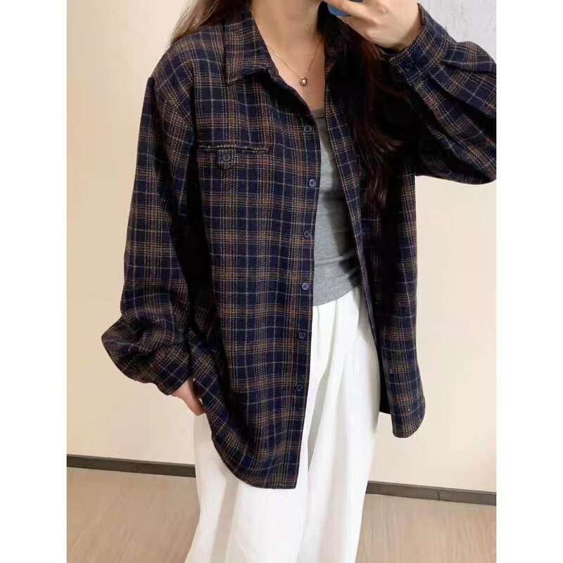 Thickened Brushed Cotton Retro Plaid Shirt for Women 2025 Autumn and Winter Lazy Loose White Navy Blue Casual Jacket