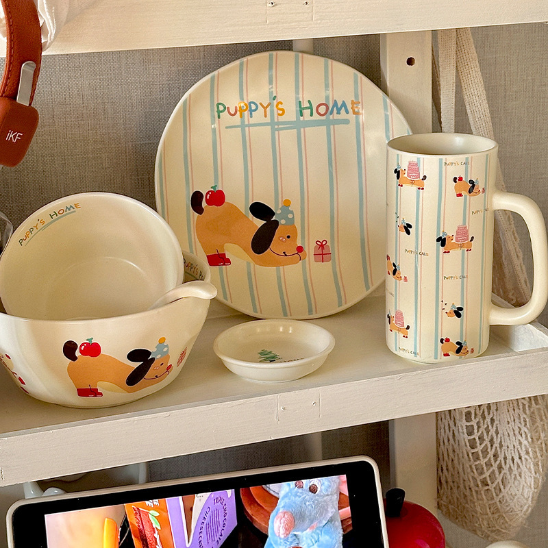 Skateboard Puppy Series Dishes and Bowls Set Summer Vacation Gift Home One Person Eating Cute Tableware Birthday Gift