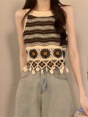 Knit Lacy Striped Fringe Strap Tank Top for Women Summer Sleeveless Outwear Innerwear Layering Kanjian Ethnic Style Top Dress