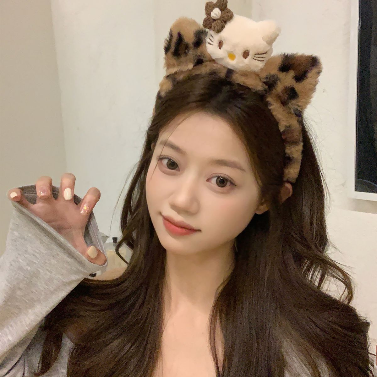 Hermoso leopardo gatito peluche casero lavado de la cara de la niña de la cabeza de la banda de maquillaje máscara de presión de cabello joyas de cabello