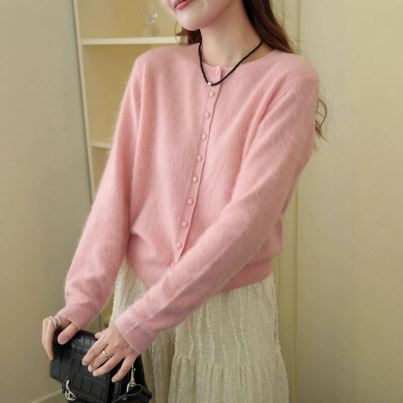 2025 Autumn Puyuan Wool Cashmere Brushed Round Neck Easiest for Match Sweater Cardigan Jacket Women's Bottoming Old Money Style Women's Clothing