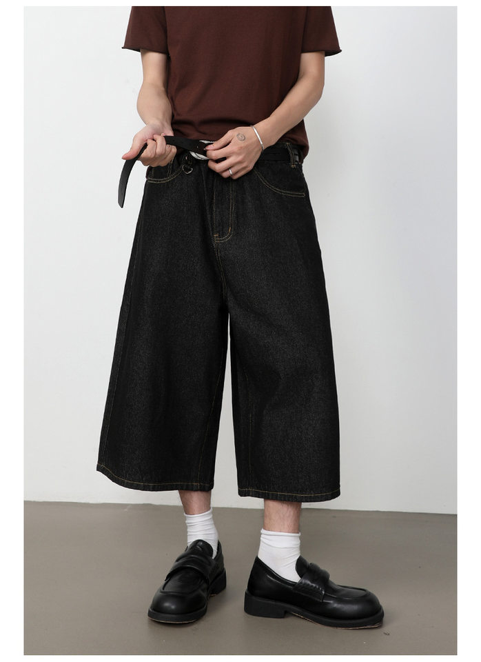 Quần short denim nam dáng rộng ống suông — Da bò thô màu đen, Xanh denim thô, Xanh đậm, Đen xám chi tiết 18