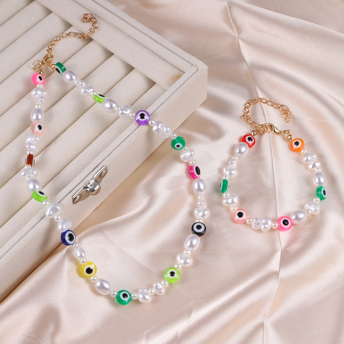 new handmade DIY special-shaped pearl necklace Korean style color eye bracelet set wholesale