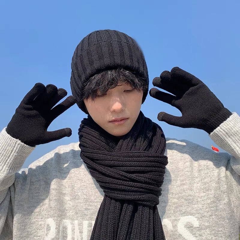 Huivi kolmiosainen lämpöpuku syksyllä ja talvella paksunnettu yksivärinen neulottu villahattu käsineet_voghion.com