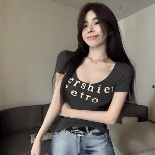 American Retro Hot Girl Letter Print U-Neck Short-Sleeve T-Shirt for Women 2025 Summer New Design Pure Desire Style Top