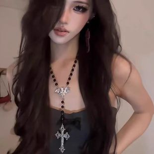 Gothic Style Dark Bat Cross Necklace Female Personality Sweet Cool Long Beaded Clavicle Chain Niche Design Necklace