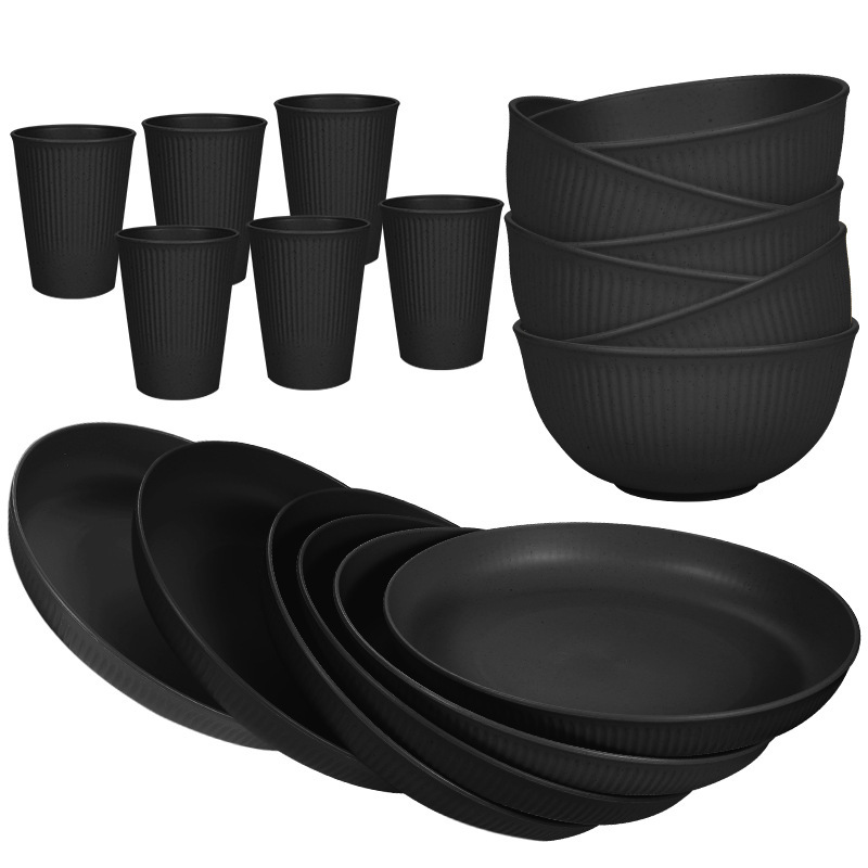 Cross-border Amazon Wheat Straw Vertical Grain Plate Bowl Tableware Black 18pcs Household Plate Bowl Outdoor suit Cross-border Amazon Wheat Straw Vertical Grain Plate Bowl Tableware Black 18pcs Household Plate Bowl Outdoor suit
