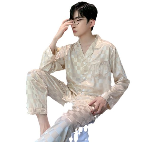 Spring and Autumn New Ice Silk Pajamas Men's Silk Long-sleeved Two-piece Suit Teenager Men's Home Clothes Plaid Outer Wearing