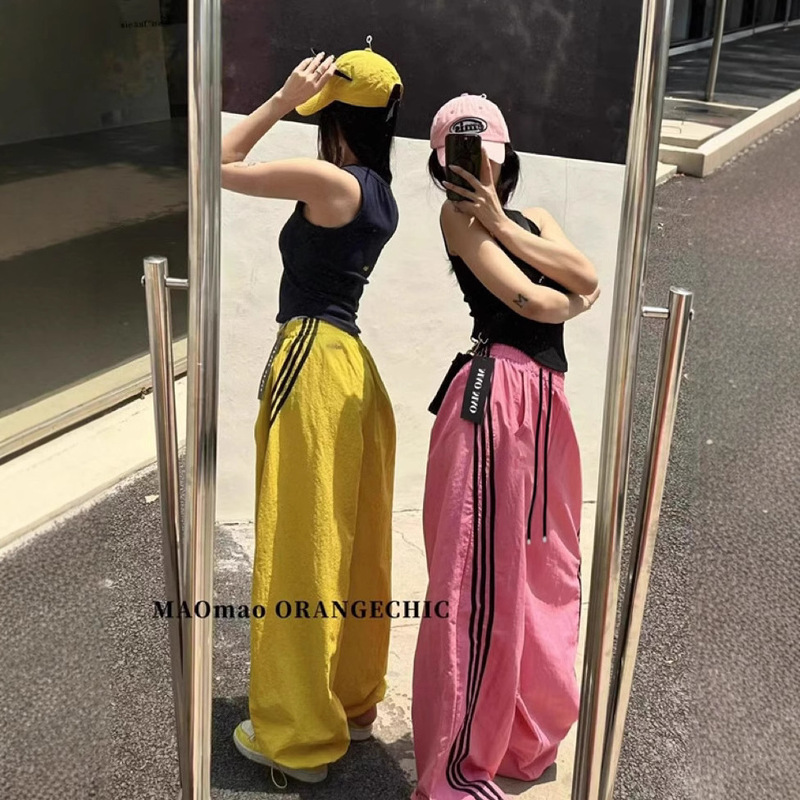 In-Stock Striped Casual Sweatpants for Women, Summer American Style Quick-Dry Design, Three-Stripe Casual Straight Wide-Leg Pants