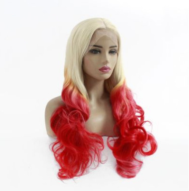 Peruca de cabello de mujer teñido gradiente ondas grandes cubierta de cabello de fibra química pelusa de encaje de cabello largo LW0312