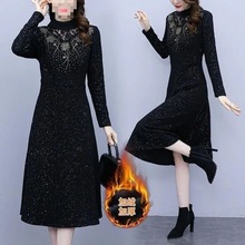 中年女高档气质加绒加厚连衣裙秋冬季新款妈妈装遮肉百搭打底裙子