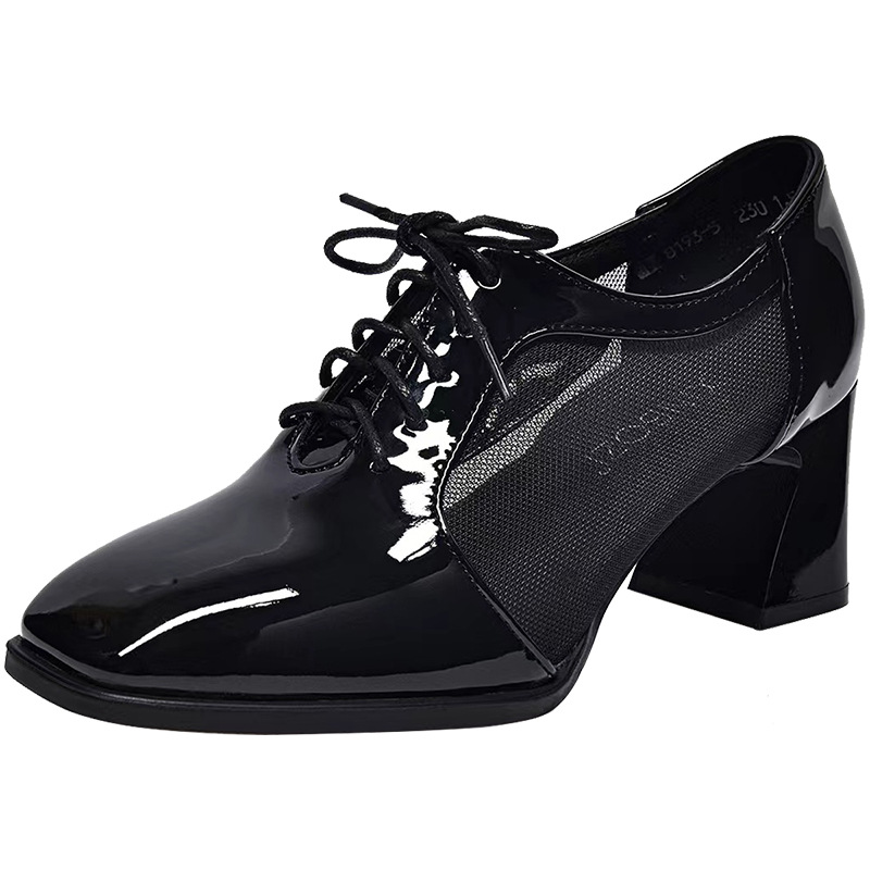 Giày sandal cao gót nữ mũi vuông gót dày da bóng thoáng khí — Màu đen