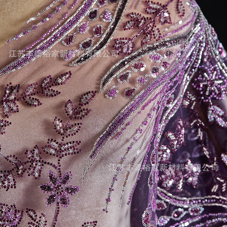 Tejido bordado de tubo de cuentas, tela de bordado de malla púrpura, flor, sequin, cuentas, tela de bordado de malla flor, vestido de noche image 3