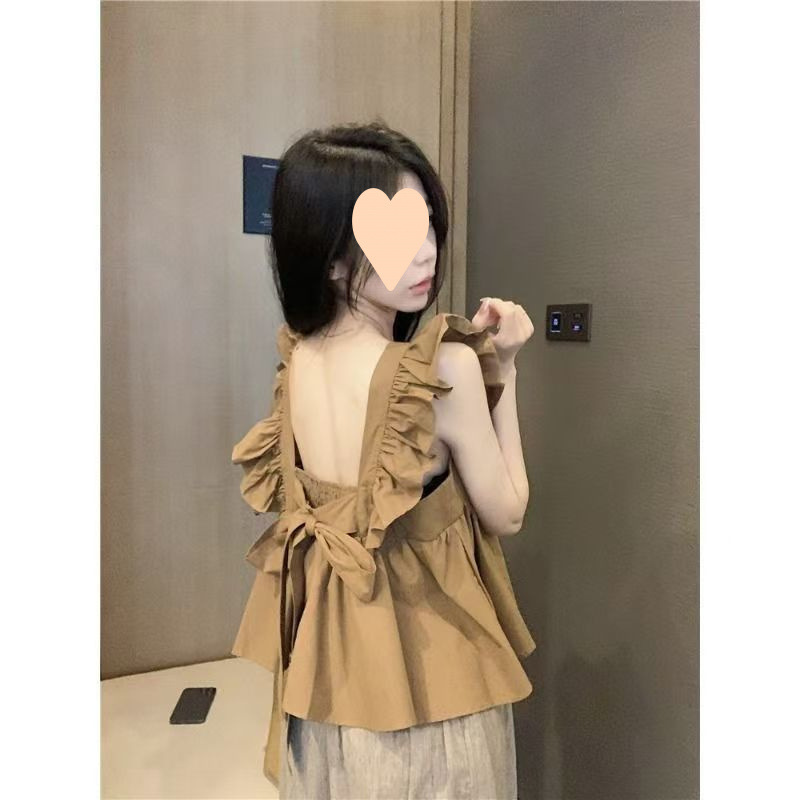 夏の甘いデザインのバックレスリボンシャツ新しいノースリーブシックなスクエアカラードールフライングスリーブスリミングトップ|undefined