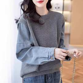 牛仔袖拼接假两件毛衣女2026新款春季洋气宽松针织衫打底短款上衣