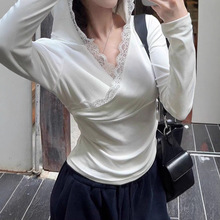 纯欲蕾丝连帽长袖t恤女2025秋冬季新款德绒修身内搭打底衫上衣服