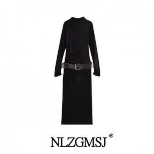 2024 autumn new women's European and American style fashion slim with belt pleated dress 9121262