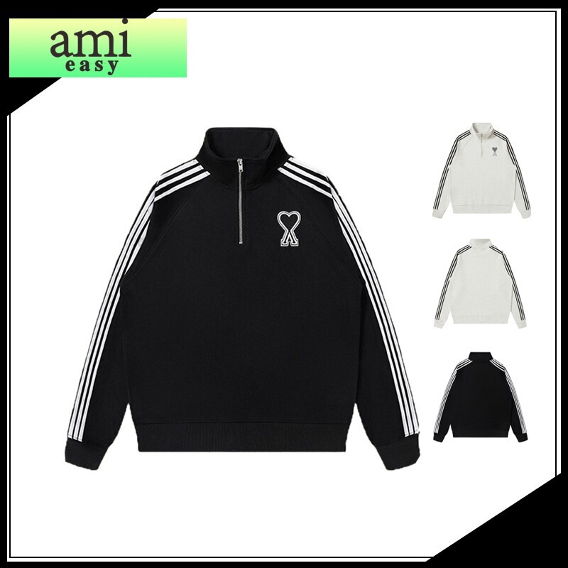 In-Stock Ami&Easy Stand Collar Half-Zip Three-Stripe Sweatshirt for Men, Autumn Loose Casual Sports Sweatshirt for Men, Spring