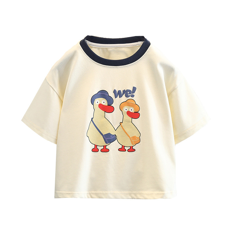 7980 Camiseta de manga corta de verano para niños Cuello redondo a juego de colores Dibujos animados casuales Niños y niñas Bebé Nuevo estilo Estilo occidental Camisa de algodón