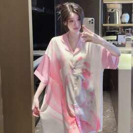 跨境外贸2026睡裙女士夏季衬衫睡裙新款冰丝清凉薄款短袖甜美睡衣