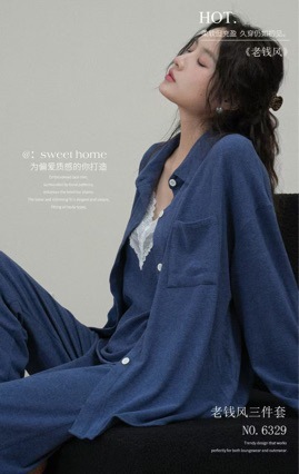 Xiaozhijia Laoqian Style Relaxed Pajamas Women's Autumn and Winter Cotton Pajamas Set Double-Sided Velvet Can Be Worn Outside Home Clothes Three Pieces