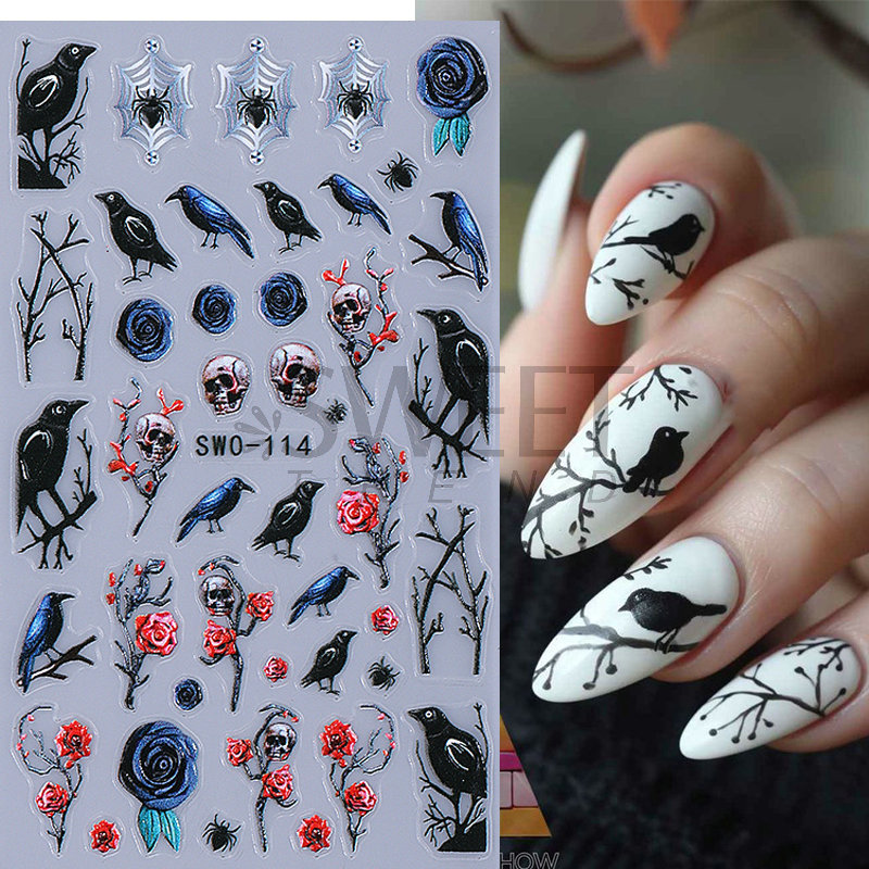 Nuevas pegatinas de uñas de Halloween al por mayor en relieve pájaro carpintero tridimensional rosa oscura calavera pegatinas de uñas transfronterizo