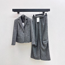 深圳南油新款气质优雅毛呢灰色套装 一粒扣西装外套+褶皱直筒西裤