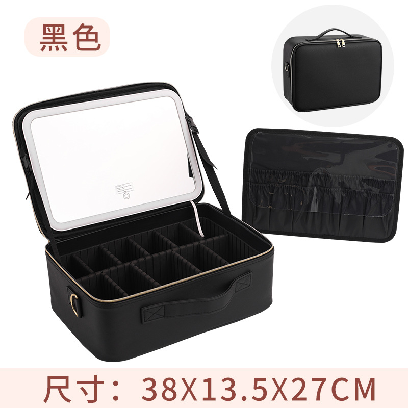 Bolsa de maquillaje con luz LED y espejo, bolsa de almacenamiento de cosméticos negra de gran capacidad, estuche de maquillaje en polvo, esencial para viajes con LED