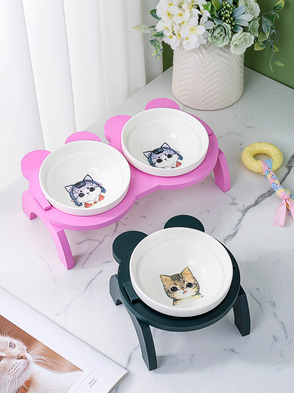 Pet Bowls, Cat Bowls, Dog Bowls, Elevated Wooden Stand, Double Bowls, Cartoon Water Bowls, Export Wholesale, Foreign Trade, Ceramic Design, Feeding