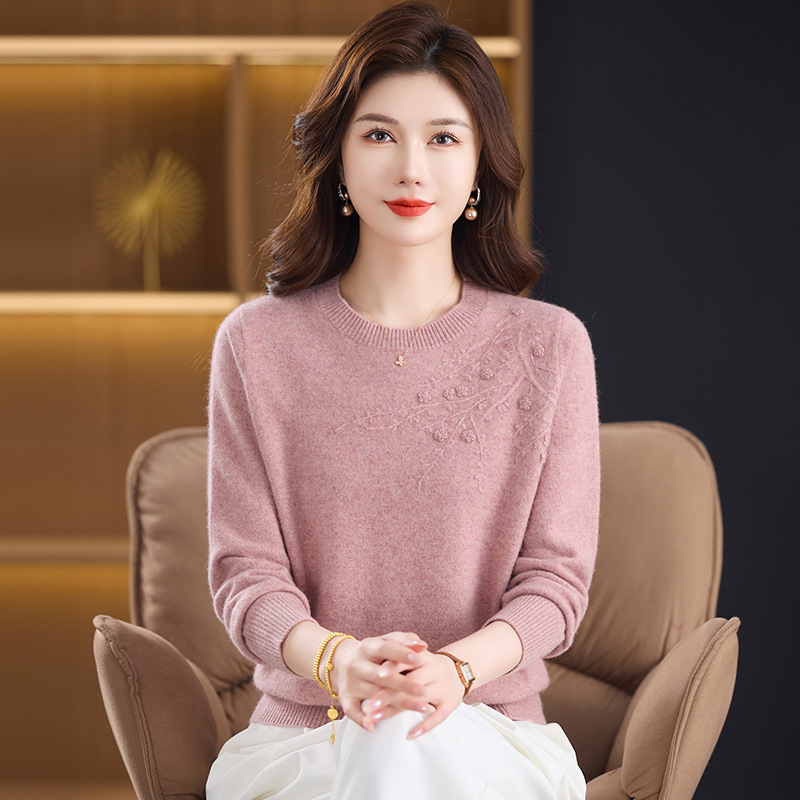 Autumn and Winter Round Neck High-End 100 Pure Wool Sweater for Middle-Aged and Elderly Mothers, Thickeneded Sweater, Stylish Inner Knitted Top