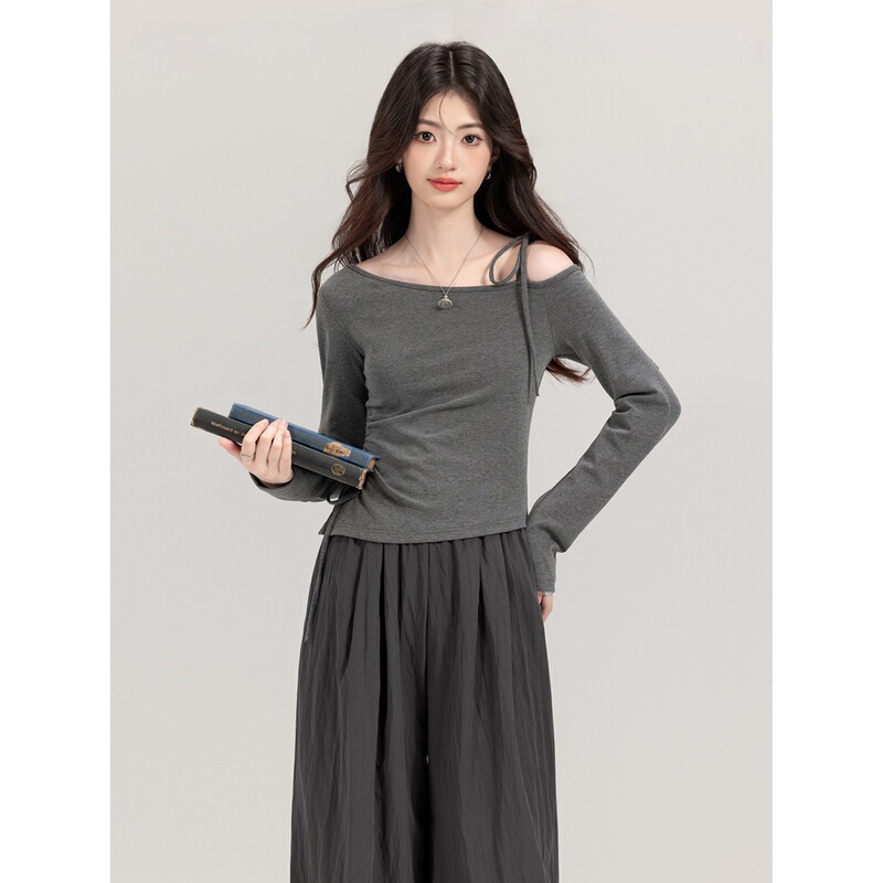 Pure Desire Hot Girl Style Lace-Up Off-Shoulder Long Sleeve T-Shirt for Women, New Early Spring Style with Side Drawstrings, Waist-Cinching Irregular Short Top Pure Desire Hot Girl Style Lace-Up Off-Shoulder Long Sleeve T-Shirt for Women, New Early Spring Style with Side Drawstrings, Waist-Cinching Irregular Short Top